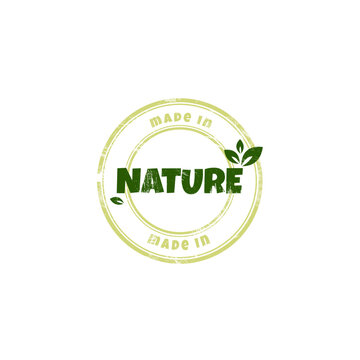 Natural products sticker, stamp, label, badge and logo with grunge effect. Ecology icon. Logo template with green leaves for organic and natural products. Vector illustration