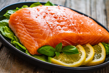 Fresh raw salmon steaks with salt and fresh vegetables on wooden table
