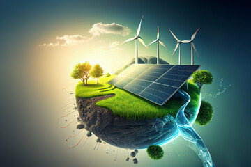 renewable energy background with green energy as wind turbines and solar panels - obrazy, fototapety, plakaty