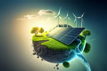 Fotobehang renewable energy background with green energy as wind turbines and solar panels © ArgitopIA