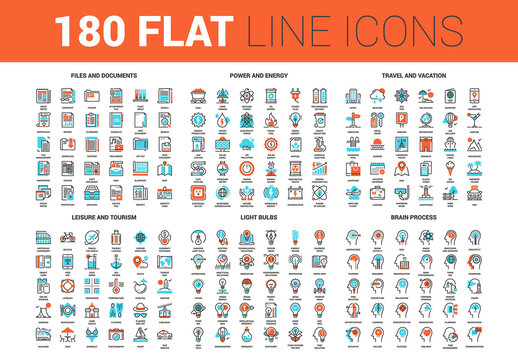 Vector set of 180 flat line web icons on following themes - files and documents, power and energy, travel and vacation, leisure and tourism, light bulbs, brain process