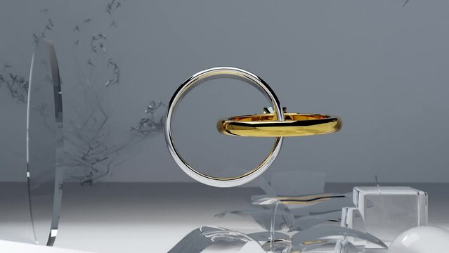 Seamless loop animation of two gold wedding rings, alpha channel, Golden and silver wedding rings decorated with precious stones connected like chain links, engagement ring with a diamond, 3d render