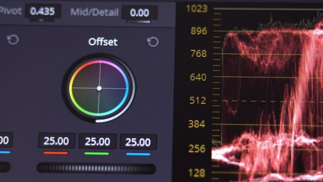 Color Grading Post Production for video and photo in Progress Closeup. A program for video processing, color correction. Color rings, macro