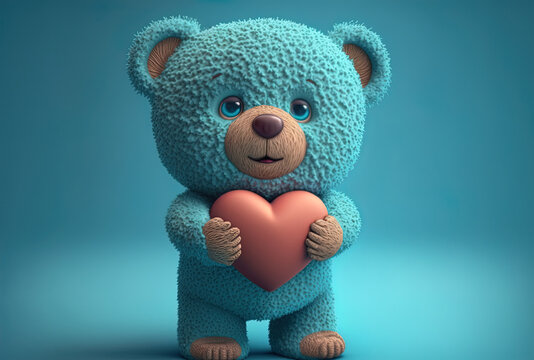 On a blue backdrop, a sweet cartoon teddy bear is holding a heart. Generative AI
