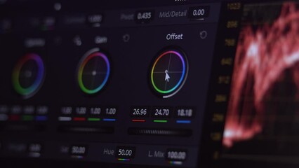 Color Grading Post Production for video and photo in Progress Closeup. A program for video processing, color correction. Color rings, macro