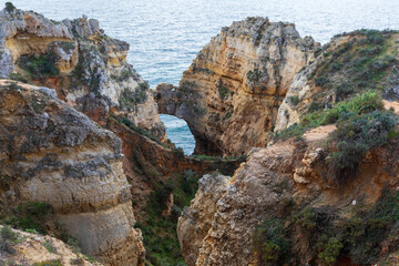 Dramatic view of a rugged Atlantic ocean coastline in Portugal Algarve Region