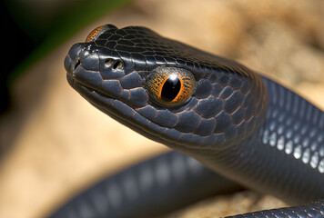 Fototapeta premium An adult black western whip snake, Hierophis viridiflavus, is shown in a close up photograph in Malta. Generative AI