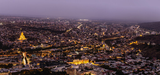 view of night tbilisi from a height, night city lights