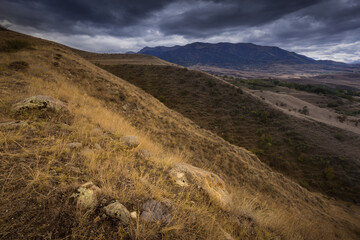 mountain view at sunset autumn sun rays