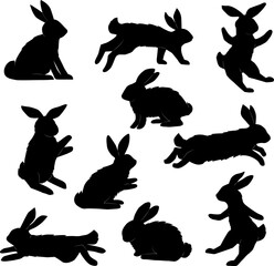 set of black silhouettes  of rabbits in different poses isilated on white background