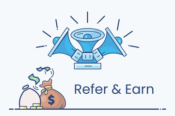 Refer and Earn, Refer a friend or Referral marketing concept. Suitable for the web landing page, UI, mobile app, banner template, affiliate marketing, online business. Invite friends, earn prizes. Vec
