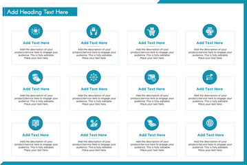 Business Infographics products and services with descriptions and icons in blue and green. Vector Illustration Template for PowerPoint presentation.