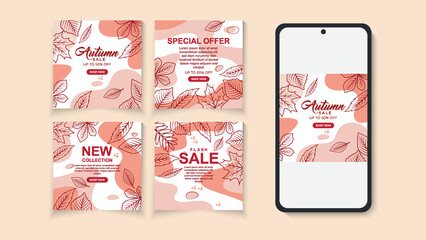 Autumn sale banner set with fall leaves with bright beautiful leaves frame. Template for advertising, web, social media