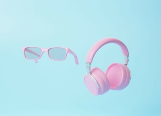 Headphones and glasses floating on blue background 3d render