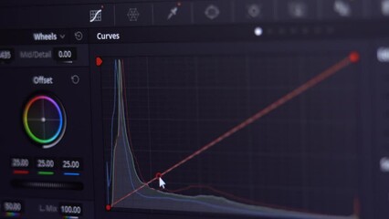 Color Grading Post Production for video and photo in Progress Closeup. A program for video processing, color correction. Color curves, macro