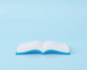 3D Open book on blue background, Online education or e-learning concept, online tutorials course. 3d render illustration