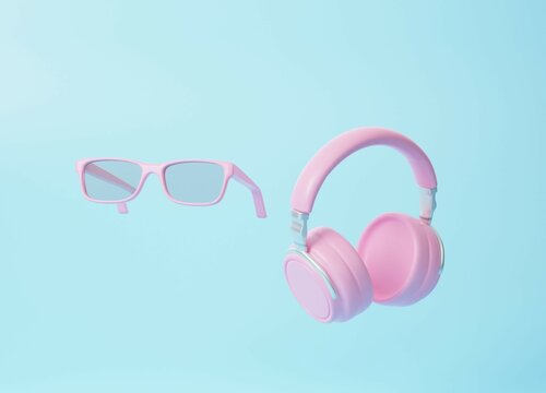 Headphones and glasses floating on blue background 3d render