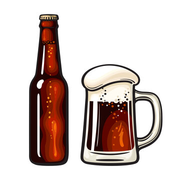 Dark glass bottle and big mug full of beer with foam and bubbles. Vector illustration isolated on white background.