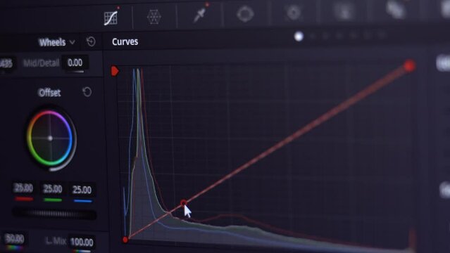 Color Grading Post Production for video and photo in Progress Closeup. A program for video processing, color correction. Color curves, macro