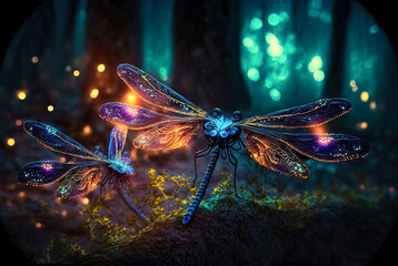 Fototapeta na wymiar Flittering fireflies flying in the night Fantasy enchanted forest. Fairy tale concept. 