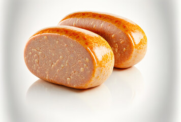 On a white background, boiled pork sausages are isolated. high quality picture. Generative AI