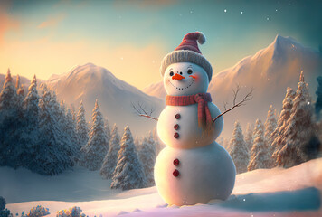 Obraz premium Standing amid a backdrop of winter and Christmas, a joyful snowman. Generative AI