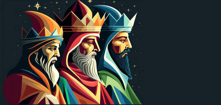 The Three Magi King of Orient, The Three Wise Men Illustration, Melchior, Caspar and Balthasar, Epiphany Celebration, Generative, AI