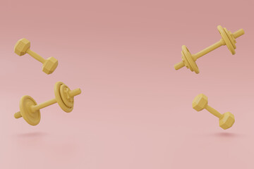 Fitness Scene with dumbbells in yellow and pink pastel colours, 3D Illustration