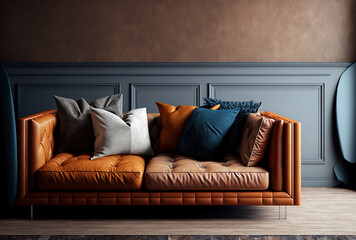 Fototapeta na wymiar Leather, textile, and corner sofa. Generative AI