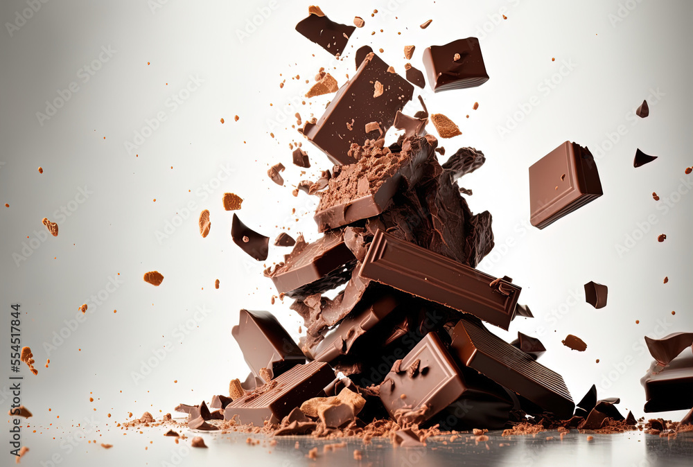 Poster stacked chocolate chunks falling close up on a white backdrop. generative ai