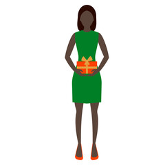 Simple flat black haired dark woman in green dress and red shoes holding red gift box with yellow robbon and bow
