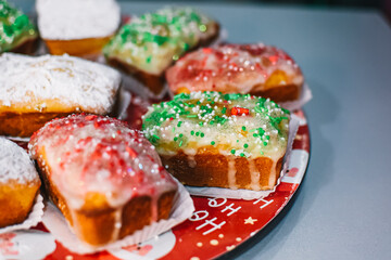 New Year's colorful biscuits. Christmas cakes background
