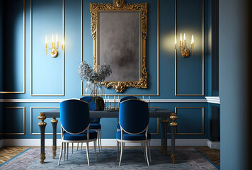 Classic wall light, blue carpet, luxury dining table set, and blue molding wall in mockup dining room. Generative AI