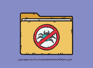A hand-drawn vector illustration of a folder along with a ban sign for computer worms and viruses located on the laptop screen. This sign indicates that the antivirus is running.