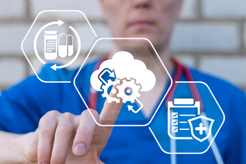 Doctor using virtual touchscreen presses icon: cloud with gears mechanism. Cloud computing and web technology integration in health care. Cloud Storage Modernization Automation IoT Engineering Tech.