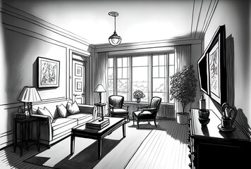 drawing of a living room in a black and white house interior. Generative AI