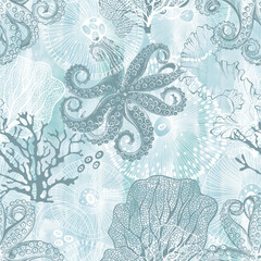 Seamless vector pattern with underwater creatures on blue watercolor background. Abstract sea background.  Vector. Perfect for design templates, wallpaper, wrapping, fabric and textile. © maritime_m