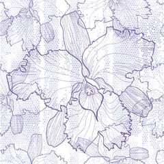 Orchids.  Art floral background. Seamless pattern with hand drawn flowers on texture background. Vector.  Perfect for wallpaper, wrapping, fabric and textile.