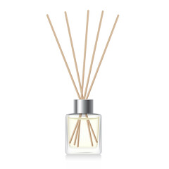 Transparent reed diffuser bottle mockup. Home fragrance with yellow liquid perfume. Cube aromatic diffuser with silver cap. 3D vector illustration - obrazy, fototapety, plakaty