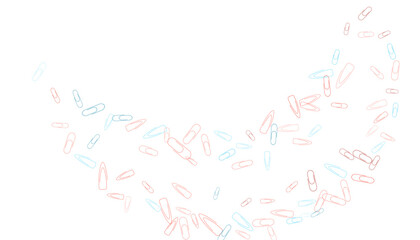 Paper clips are scattered on a white background. Decorative element. Background for design, school and office supplies