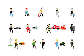 Fototapeta na wymiar Pixel art characters of various professions