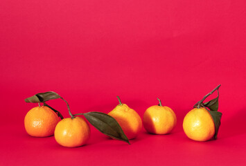 Fresh fruit composition on viva magenta background. Natural tangerines with green leaves with copy space. Seasonal food full of vitamins and antioxidants. Demonstrating trendy color of the year 2023