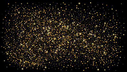 Gold glitter confetti on a black background. Shiny particles scattered, sand. Decorative element. Luxury background for your design, cards, invitations, vector