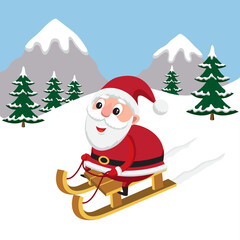 Cute cartoon illustration of Santa Claus on a sled