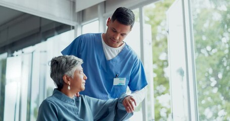 Nurse, senior woman and physiotherapy for arm injury at hospital or clinic. Rehabilitation, physical therapy or elderly female with arthritis consulting male medical professional for recovery or help - Powered by Adobe