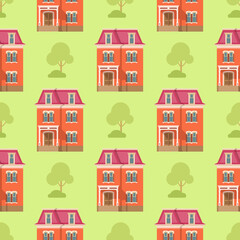 Fototapeta na wymiar Pattern red house on a background of green grass. Vector illustration