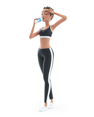Fototapeta premium 3d sporty character woman drinking water on bottle