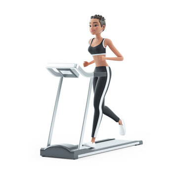 3d sporty character woman running on treadmill