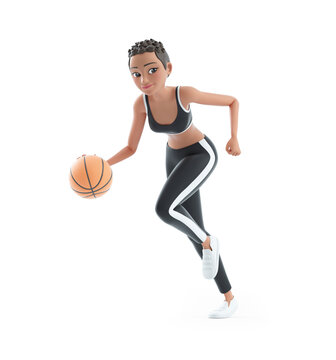 3d sporty character woman running with basketball