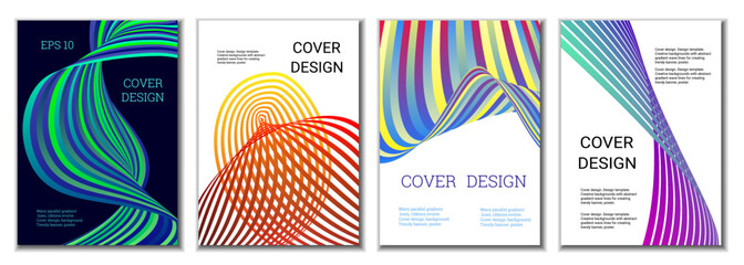 A set of 4 abstract covers. Wavy parallel gradient lines, ribbons evolve. Cover design, background. Trendy banner, poster.